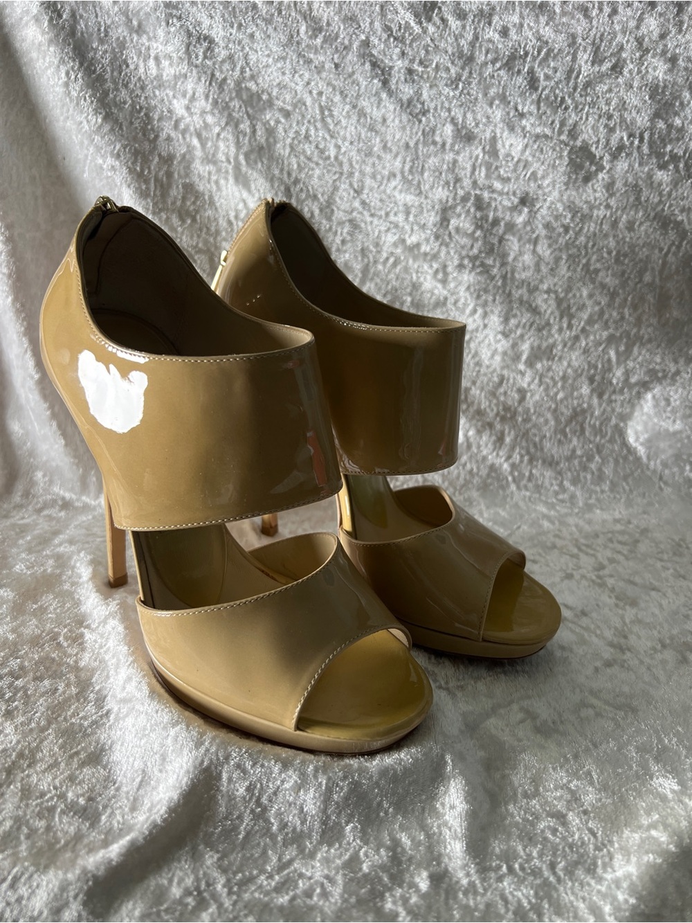 Jimmy Choo Beige Patent Leather Peep-Toe High Heels